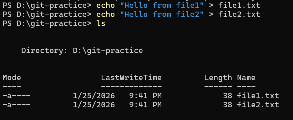 Terminal showing creation of file1.txt and file2.txt