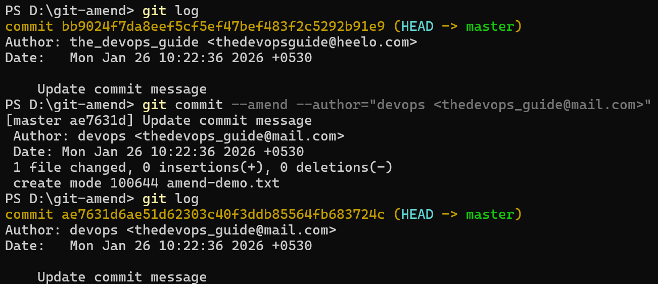 git commit amend author changing commit author name and email