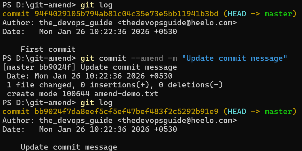 git commit amend updating the last commit message