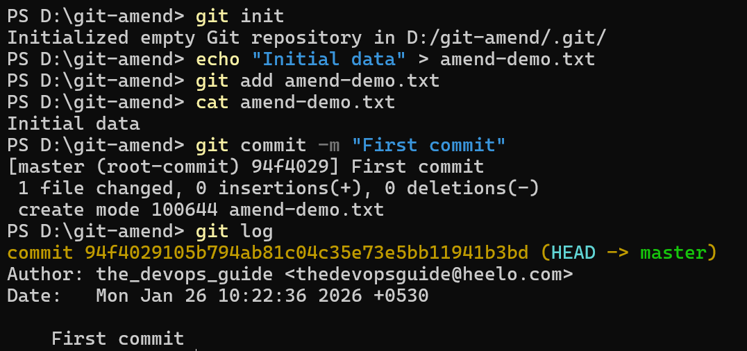 git log oneline showing initial commit in Git repository