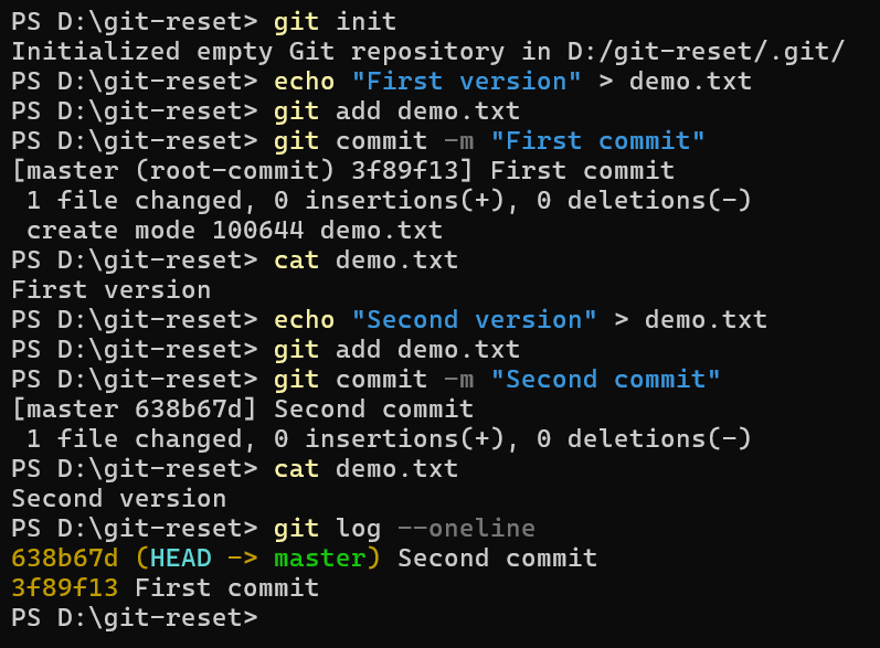 git log oneline showing two commits in Git repository